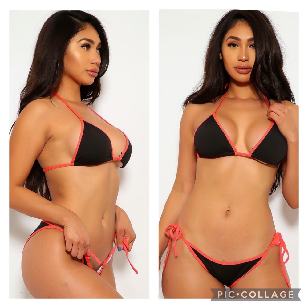 NEW! 2 Piece Sexy Black & Coral Hater Tie Swimsuit Bikini